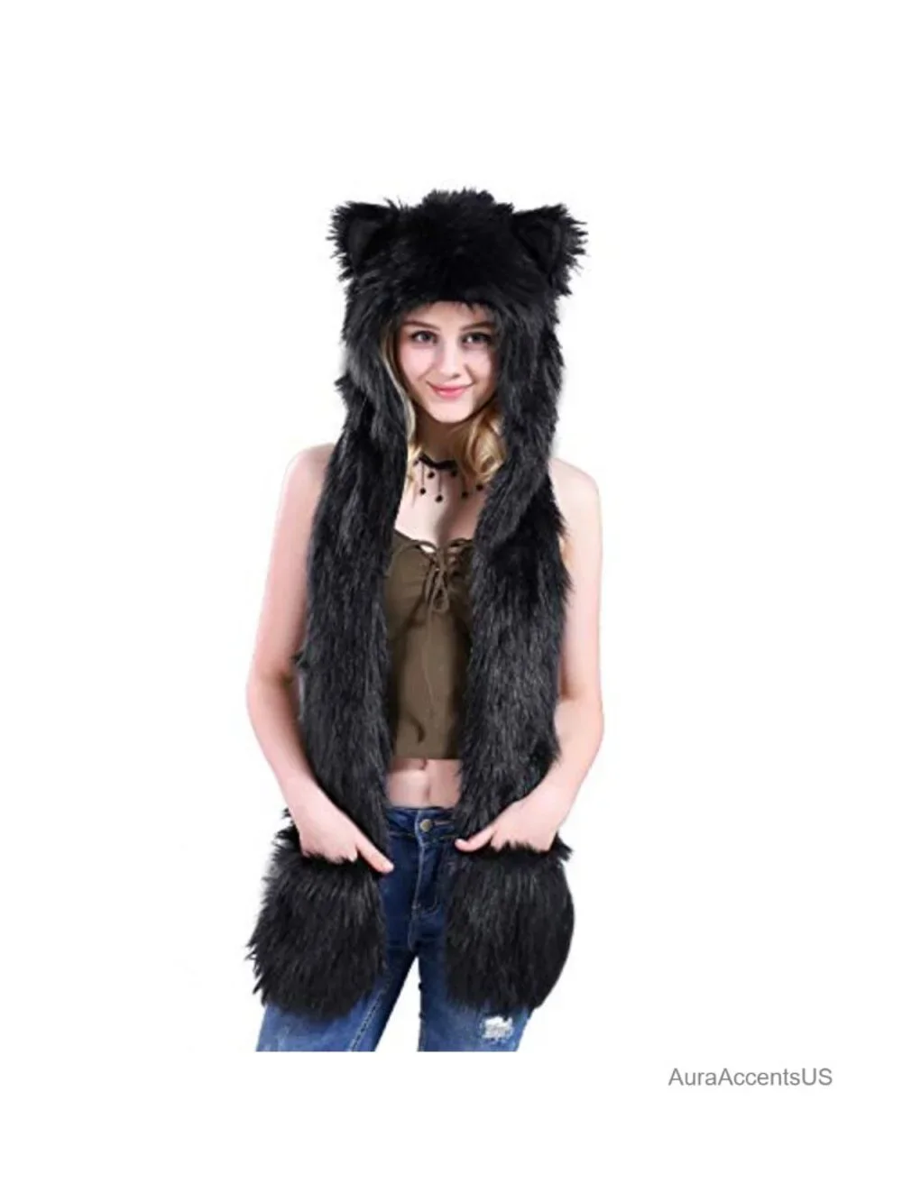 Faux Fur Animal Hat 3-in-1 Scarf Mitten Hoodie with Paw Pocket